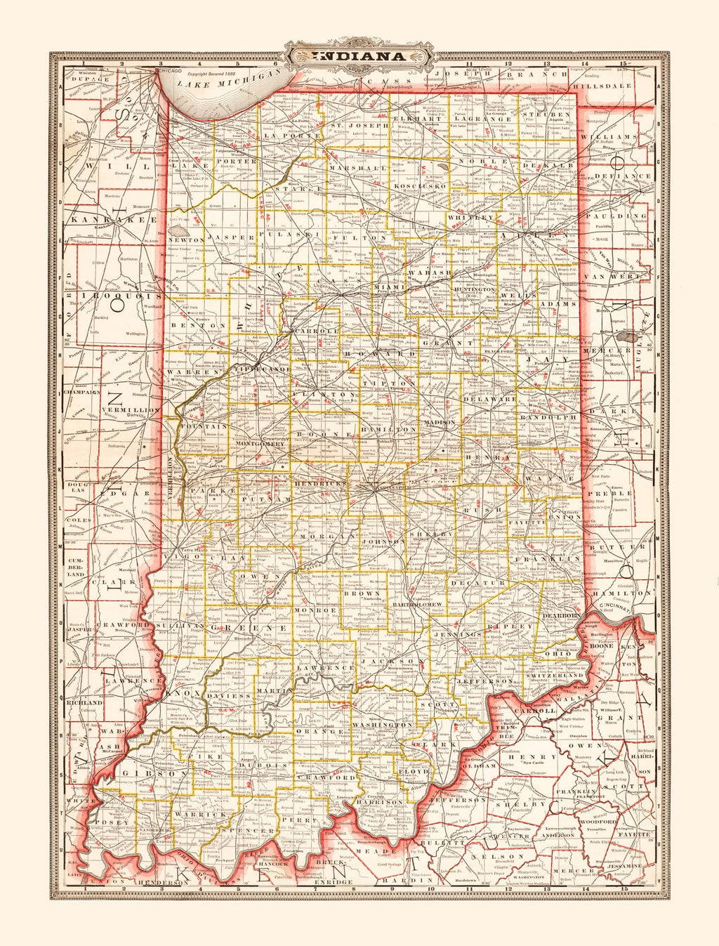 Vintage Map of Indiana 1882