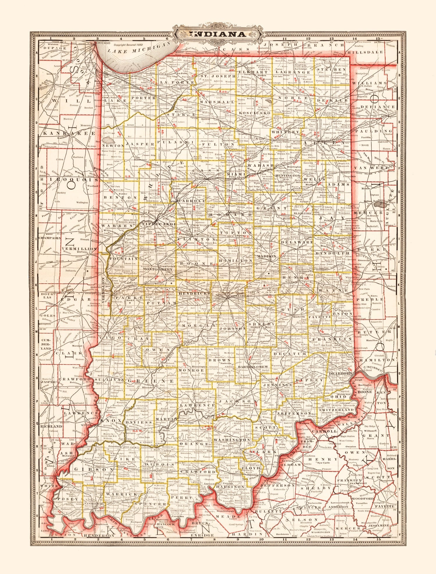 Vintage Map of Indiana 1882