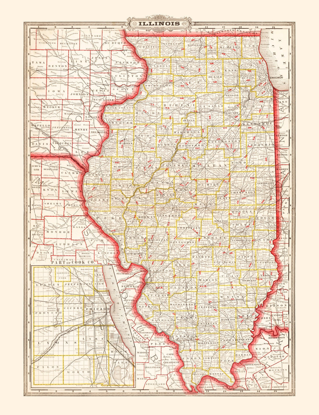 Vintage Map of Illinois 1882