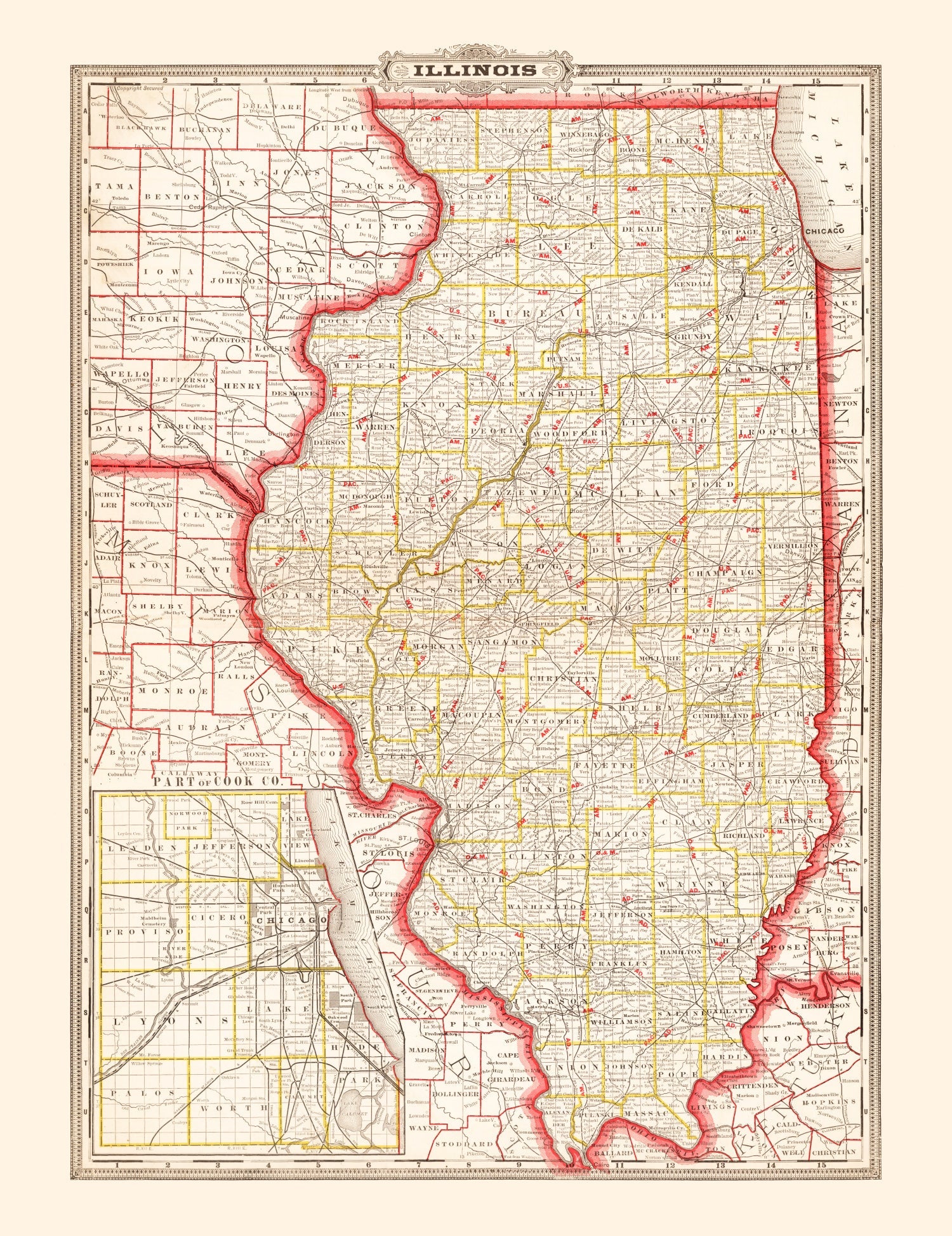 Vintage Map of Illinois 1882