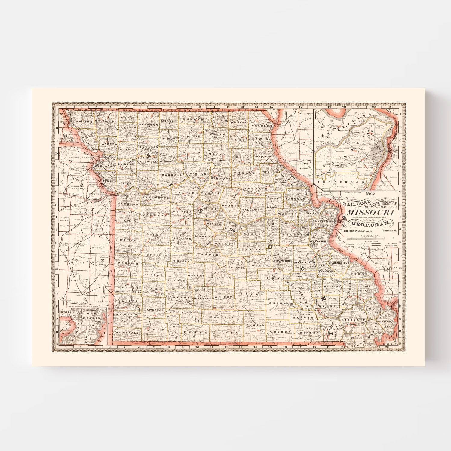 Vintage Railroad Map of Missouri 1882