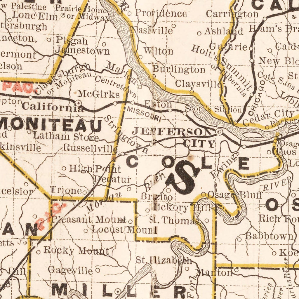 Vintage Railroad Map of Missouri 1882
