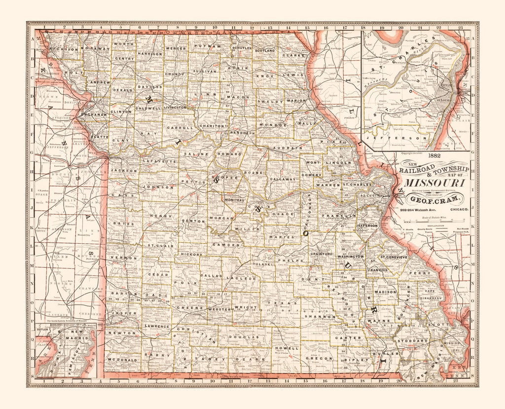 Vintage Railroad Map of Missouri 1882