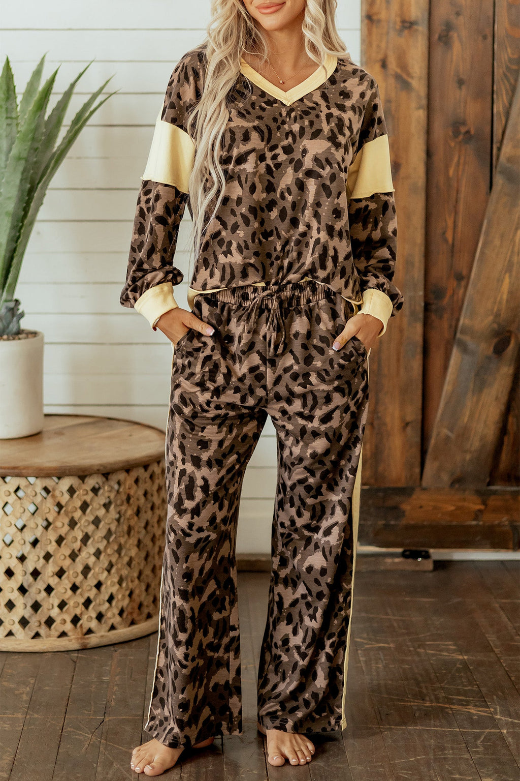 Leopard Colorblock Top & Wide Leg Pants Set