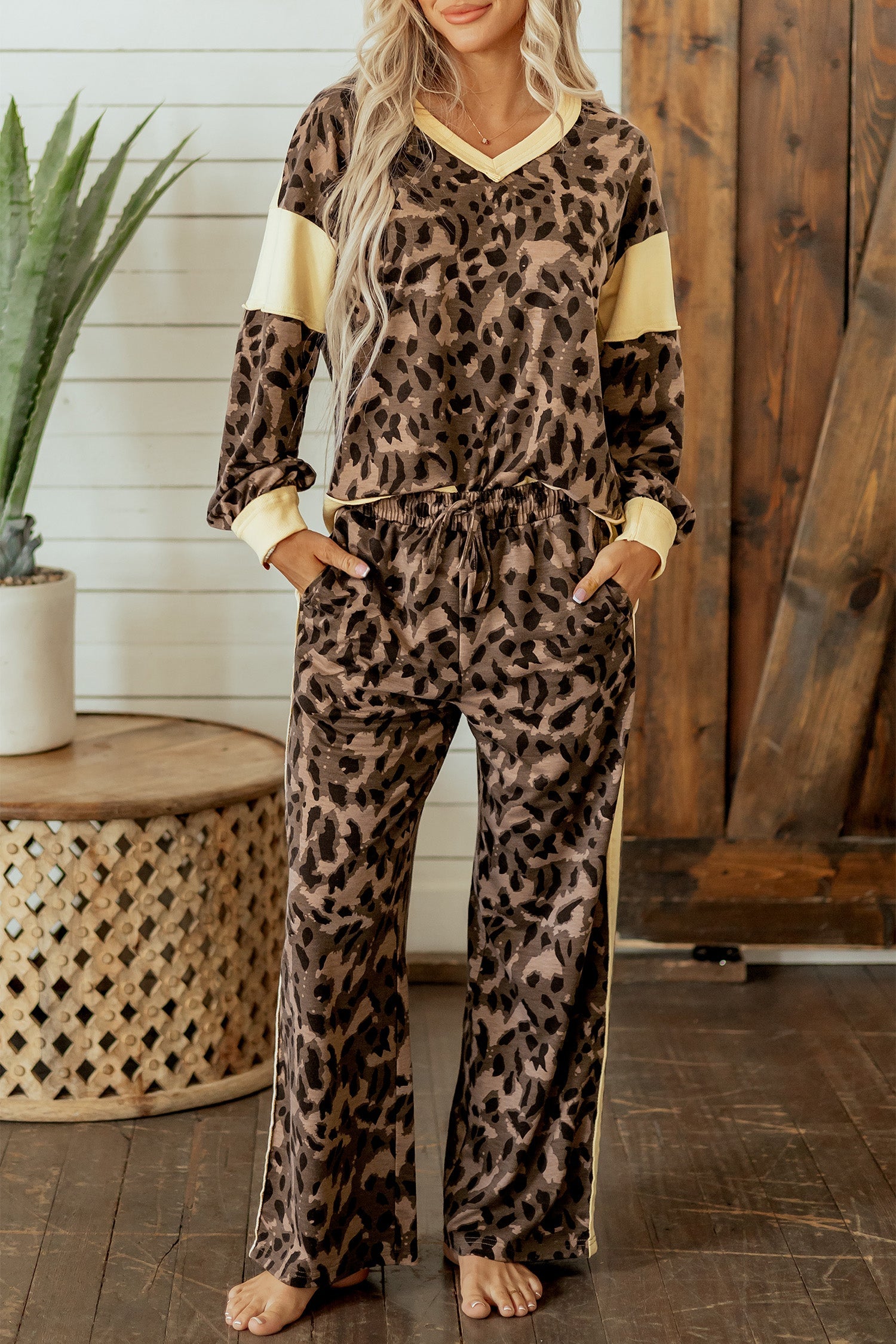 Leopard Colorblock Top & Wide Leg Pants Set