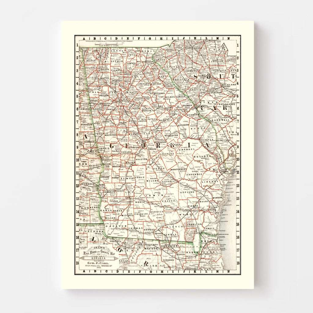 Vintage Railroad Map of Georgia 1882