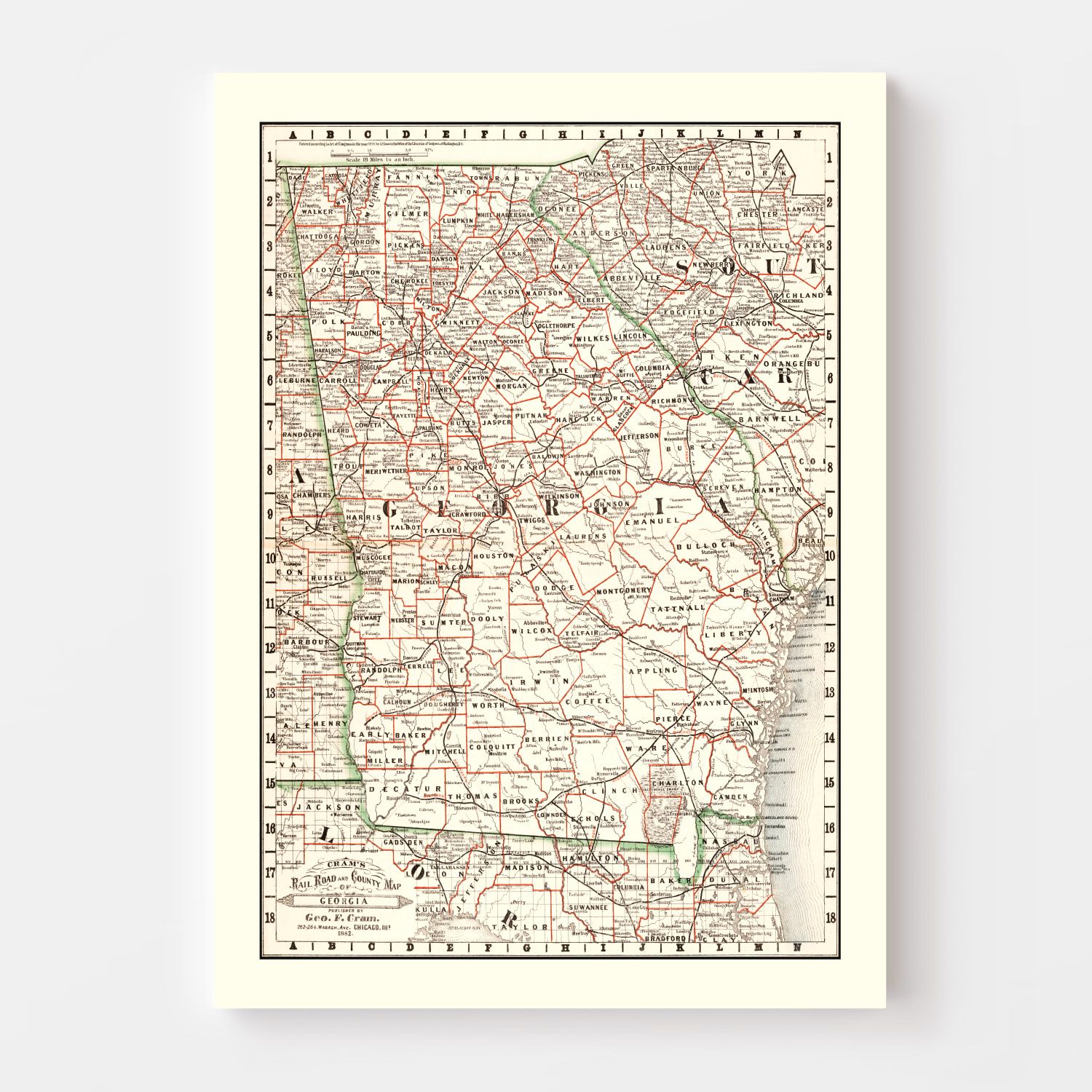 Vintage Railroad Map of Georgia 1882