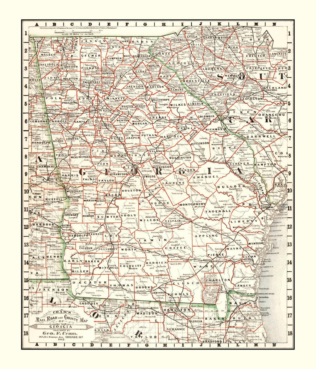 Vintage Railroad Map of Georgia 1882