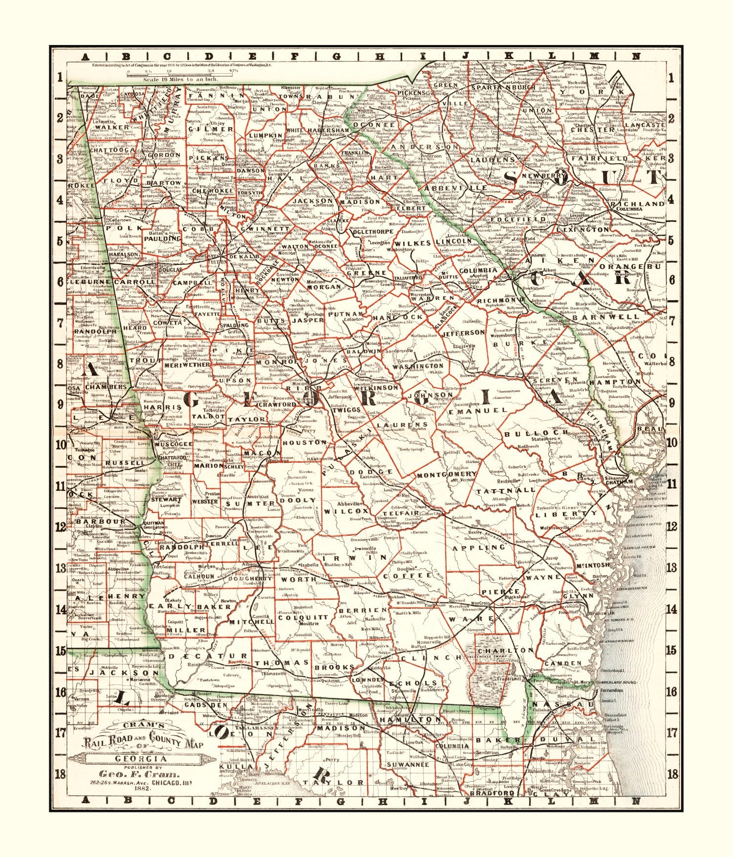 Vintage Railroad Map of Georgia 1882
