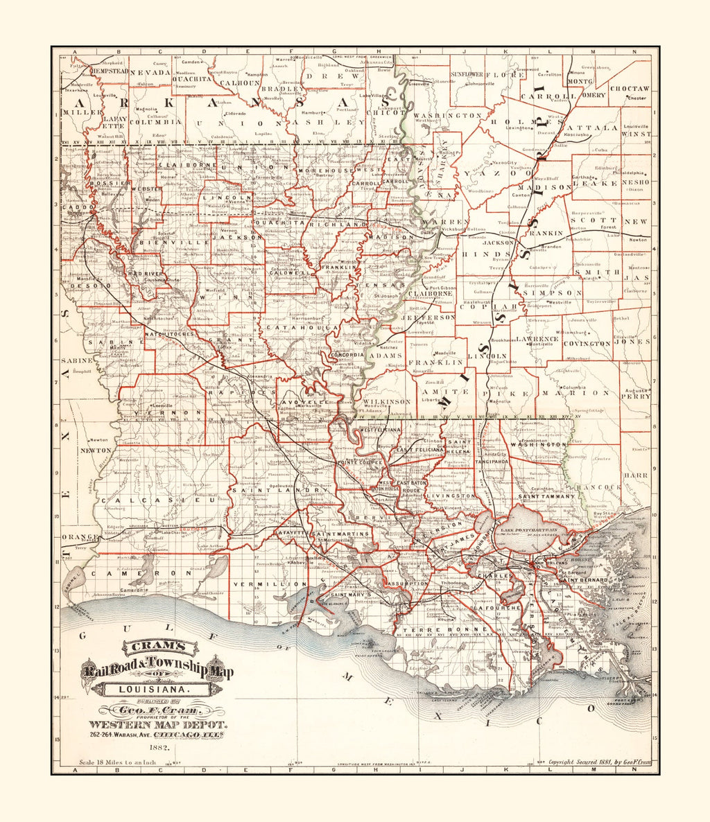 Vintage Railroad Map of Louisiana 1882