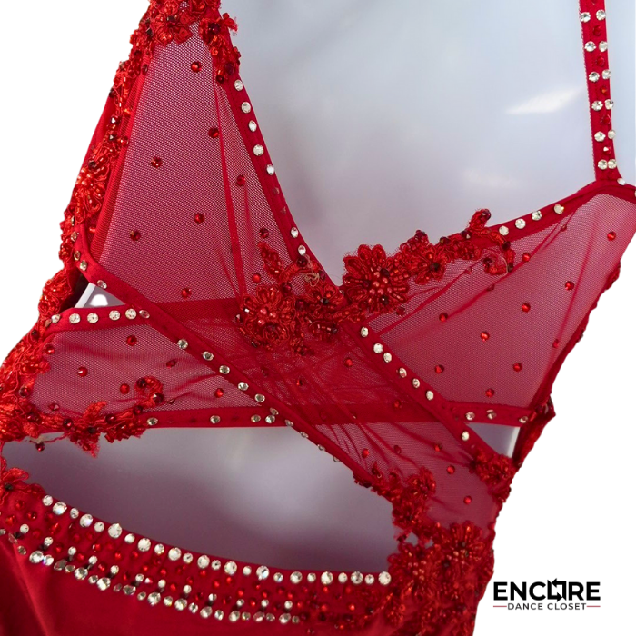 Radiant Red Rhinestoned Mesh Leotard