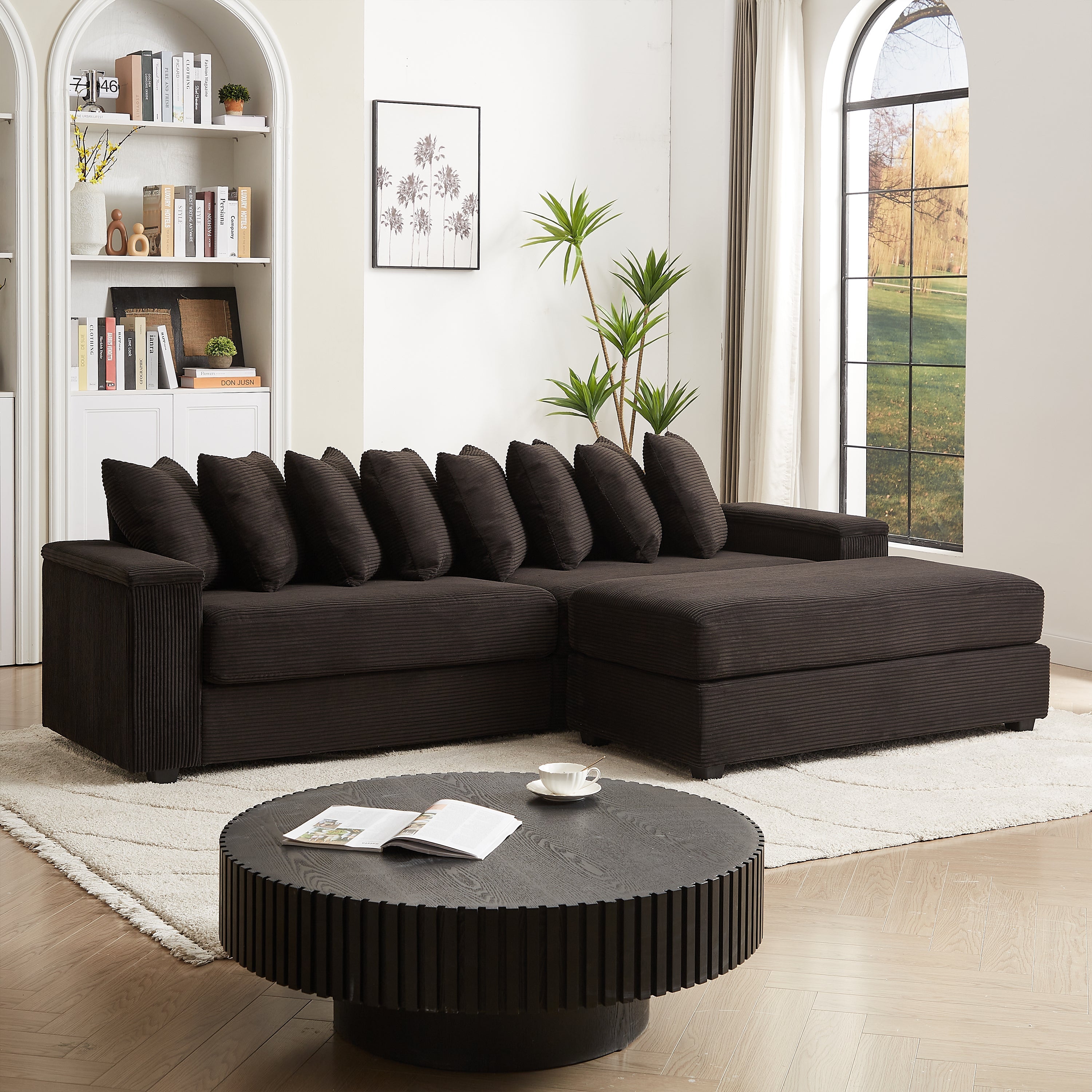 Luxe Oversized L Shaped Sofa with Chaise,Comfy Corduroy L Shaped Sectional Couches with 8 Pillows and Two Armrest storage space,Soft Fluffy Upholstered Sofa Bed for Living Room Apartment Bedroom