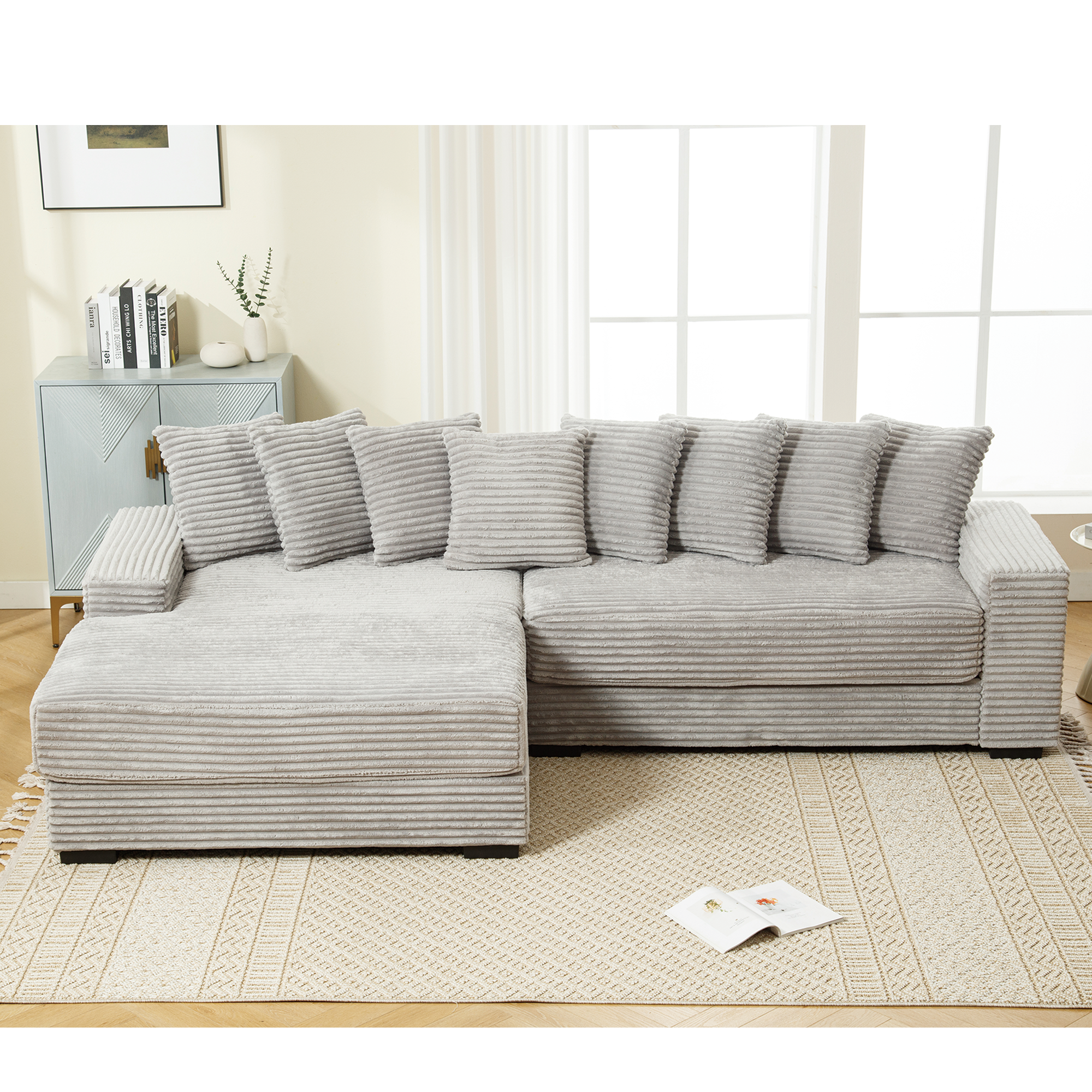 [NEW ARRIVED] [VIDEO PROVIDED] Oversized Two-Piece  Couches,  L Shaped Sofa, Corduroy, Left Chaise Daybed,with Armrests,Eight Throw Pillows,Corner Sofa,Easy To Assemble,  Gray