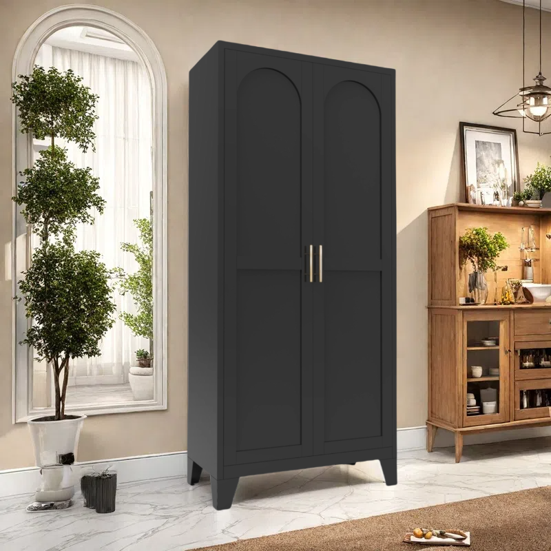 61'' 2 Shapely Doors Cabinet, Metal Storage Cabinet with Doors and Adjustable Shelves, for Bedroom, Living Room(Black)