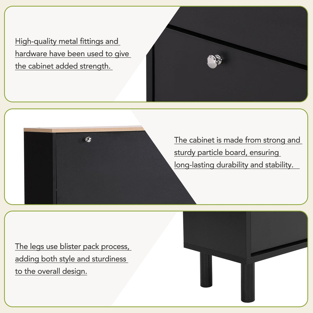 ON-TREND Narrow Design Tipping Bucket Shoe Cabinet with 3 Flip Drawers, Wood Grain Pattern Top Entryway Organizer with 3 Hooks, Free Standing Shoe Rack with Adjustable Panel for Hallway, Black