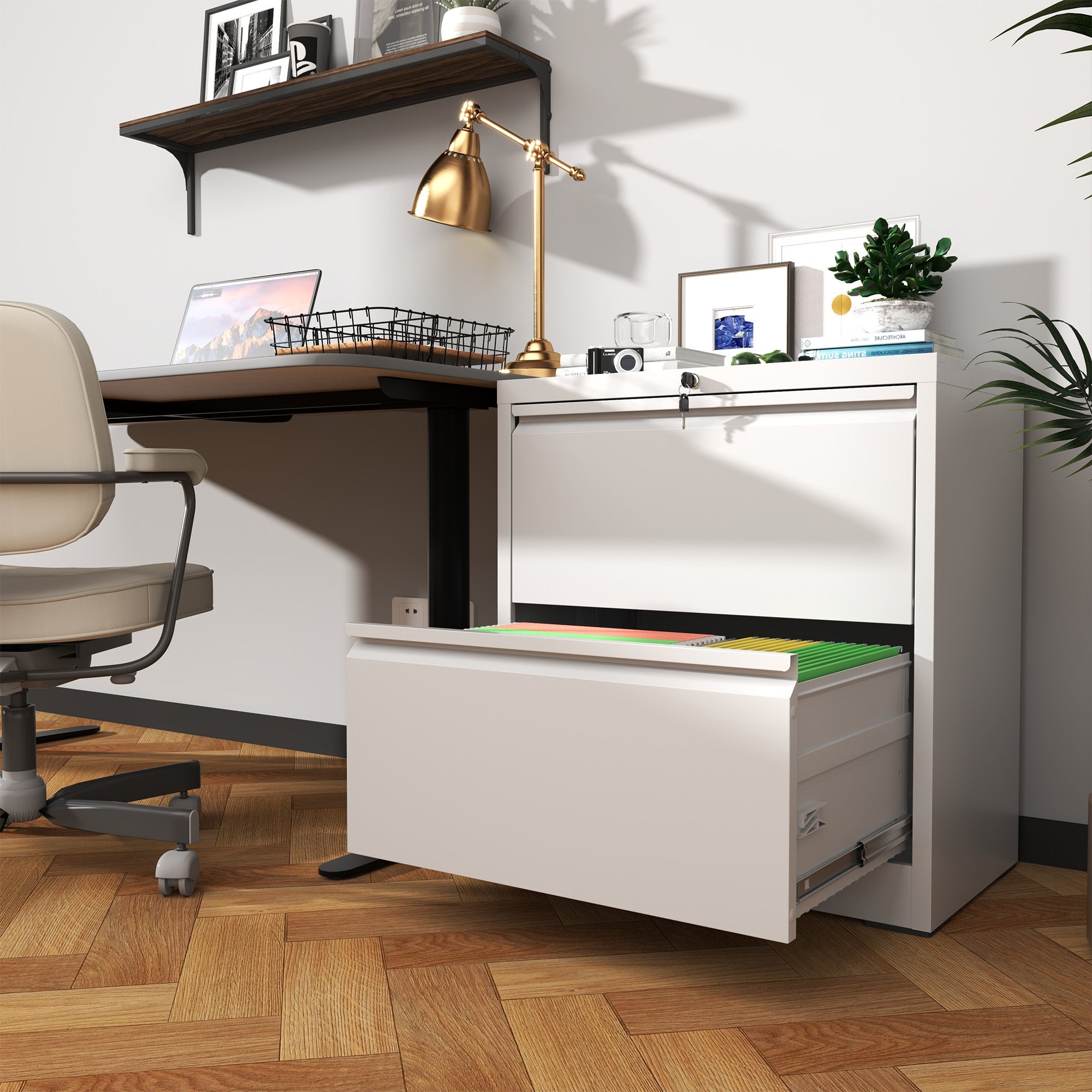 Premium 2 Drawer Metal Lateral File Cabinet with Lock, White Steel Filing Cabinet for Home Office