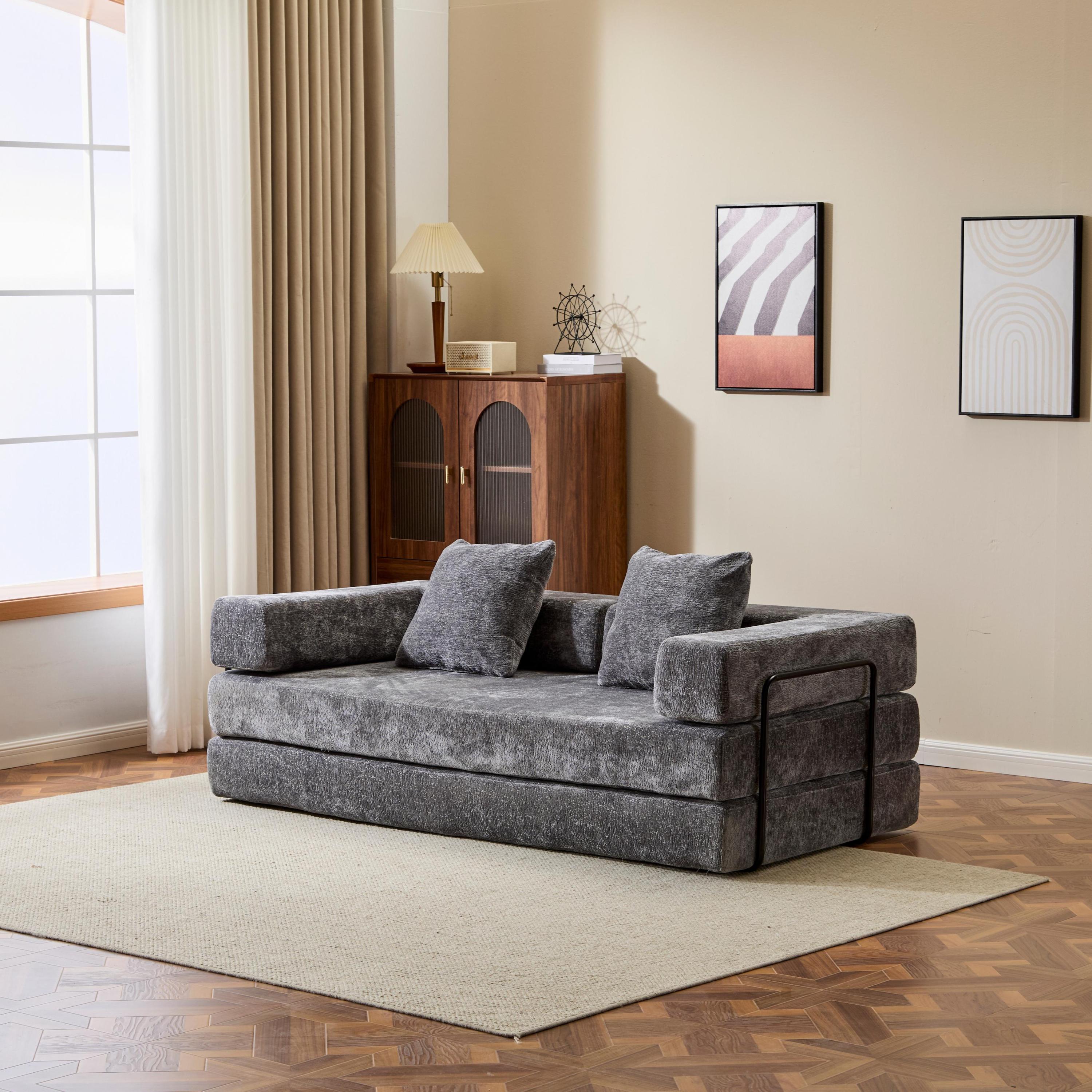 Floor Couch,Compression Sofa,Convertible Floor Sofa Bed-with Pillow Back Support Armrest,Comfy Futon Couch Lounge Sleeper Bed,Chenile fabric,for Living Room Bedroom (DARK-GREY)