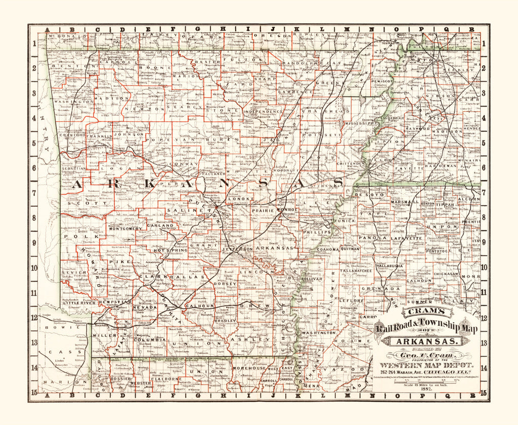 Vintage Railroad Map of Arkansas 1882