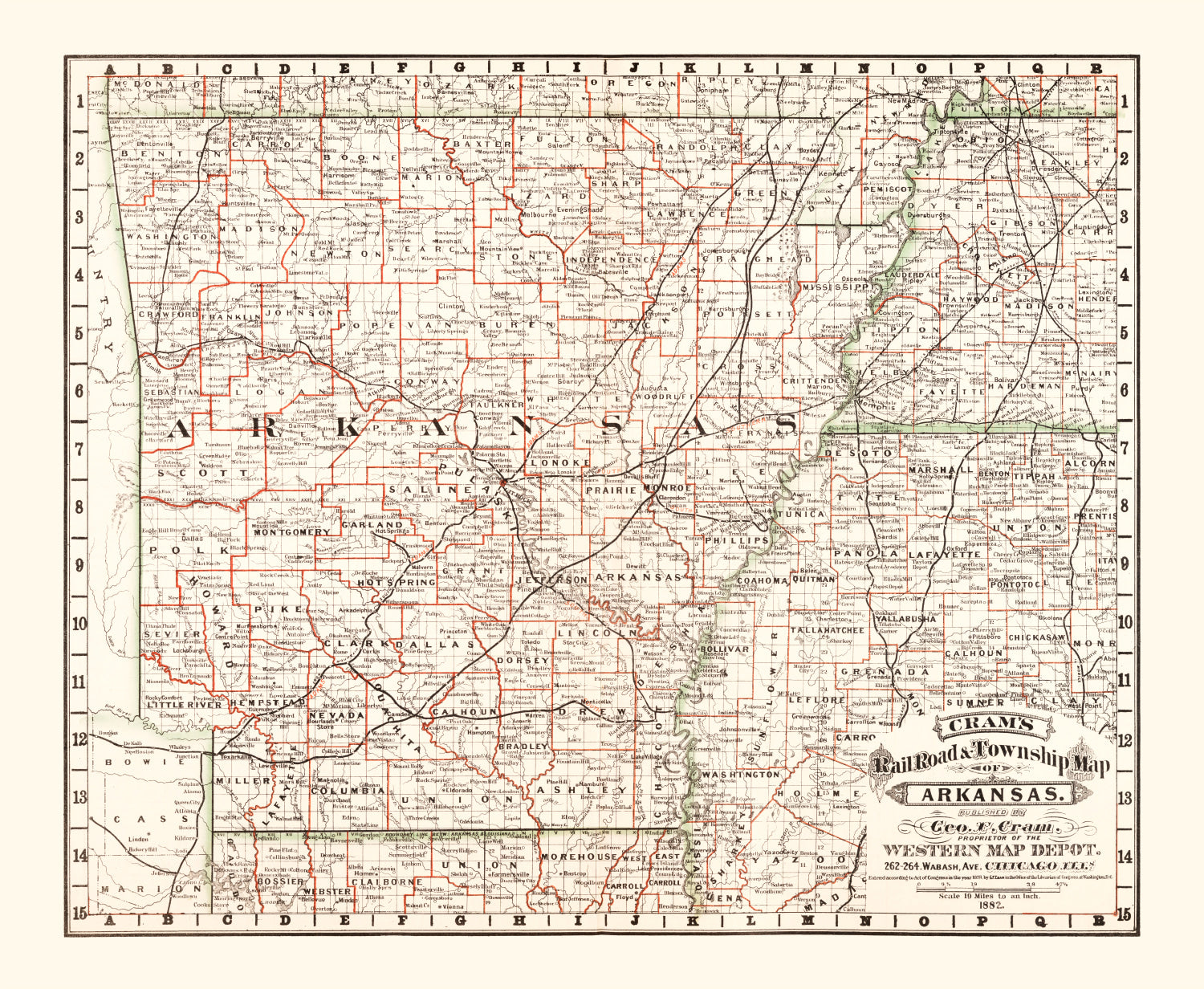 Vintage Railroad Map of Arkansas 1882