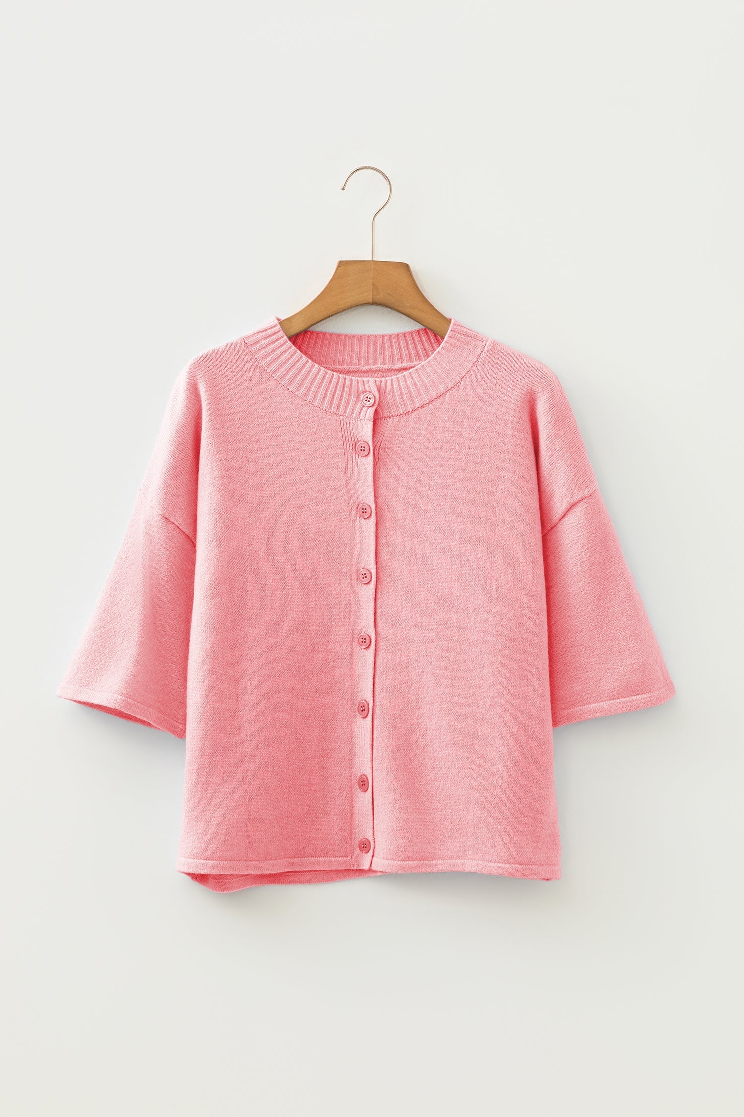 Solid 3/4 Sleeve Boxy Button-Down Cardigan