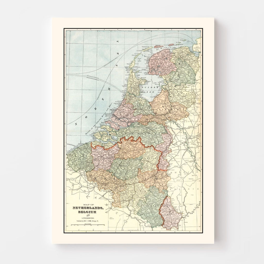 Vintage Map of Netherlands, Belgium & Luxembourg 1901