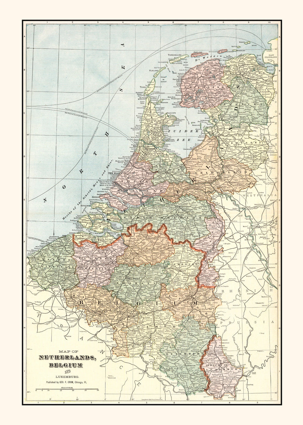 Vintage Map of Netherlands, Belgium & Luxembourg 1901
