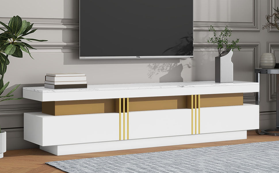 ON-TREND Luxury TV Stand with High Gloss Faux Marble Top for TVs Up to 78'', Rectangle Media Console with Golden Panel Design, Practical Entertainment Center with 3 Drawers for Living Room, White