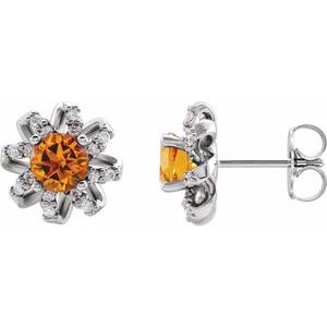14K White Gold Natural Citrine & 1/6 CTW Natural Diamond Halo-Style Earrings