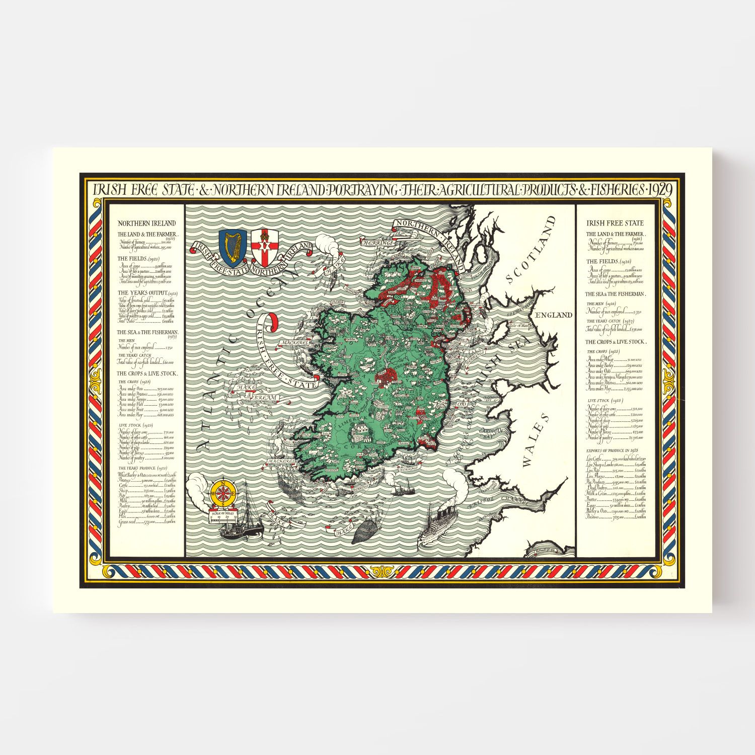 Vintage Agriculture & Fisheries Map of Ireland 1929