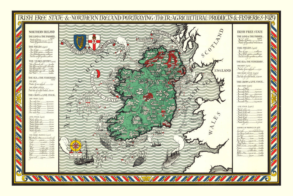 Vintage Agriculture & Fisheries Map of Ireland 1929