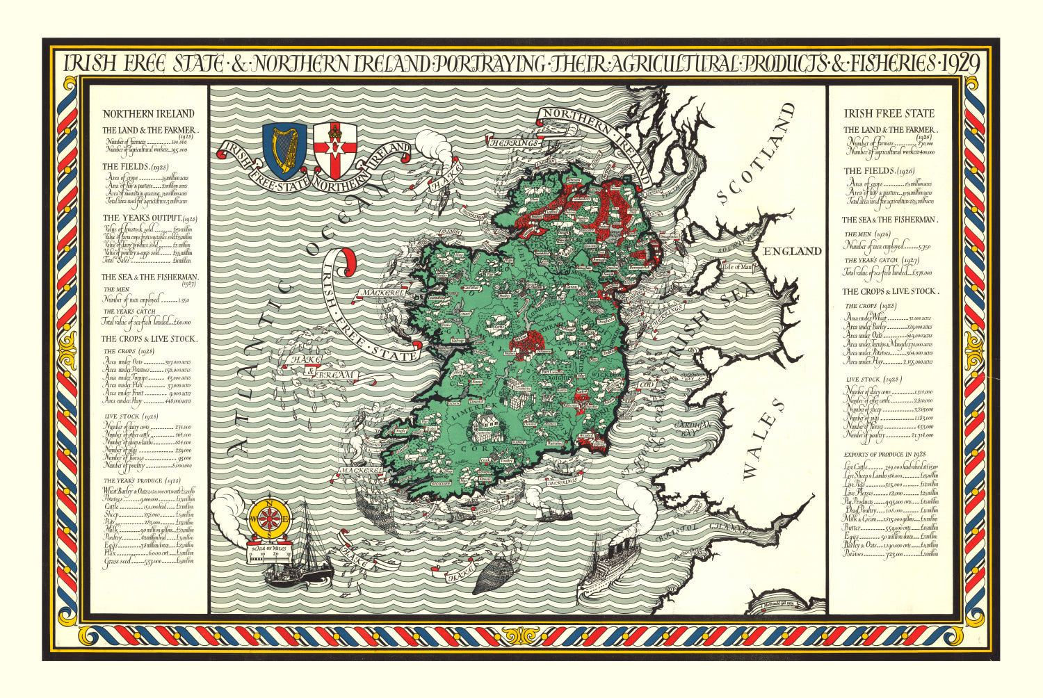 Vintage Agriculture & Fisheries Map of Ireland 1929