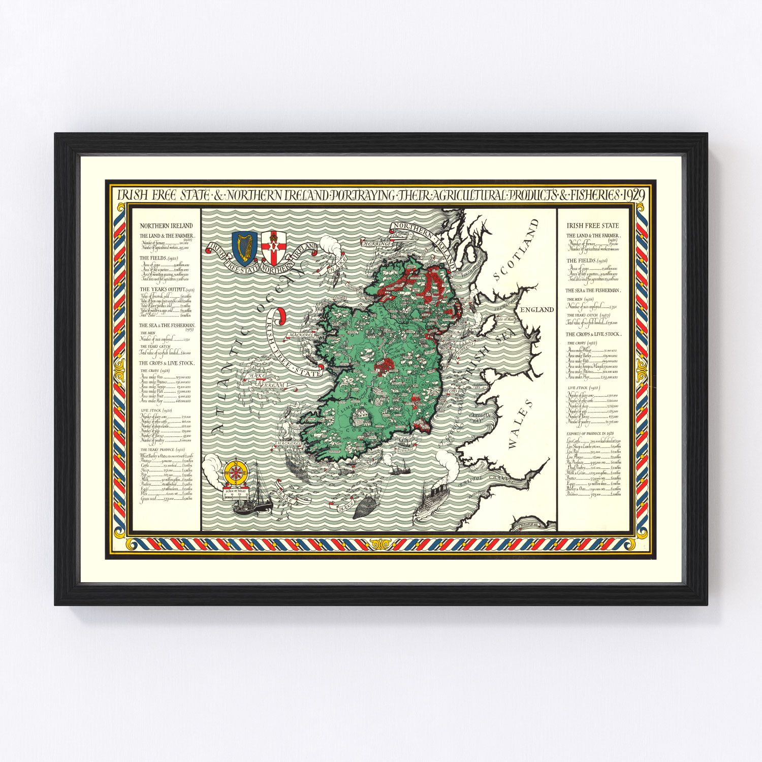 Vintage Agriculture & Fisheries Map of Ireland 1929