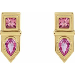14K Yellow Gold Natural Pink Multi-Gemstone Geometric Bar Earrings – image 2
