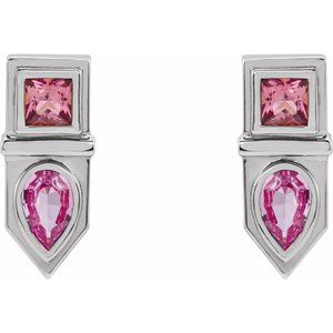 14K White Gold Natural Pink Multi-Gemstone Geometric Bar Earrings – image 2