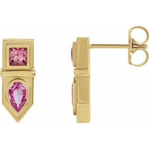 14K Yellow Gold Natural Pink Multi-Gemstone Geometric Bar Earrings