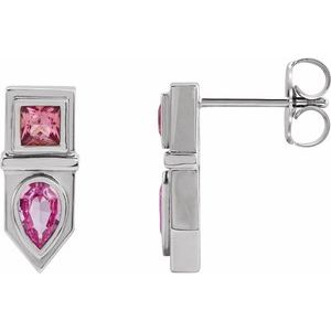Platinum Natural Pink Multi-Gemstone Geometric Bar Earrings