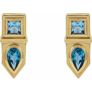 14K Yellow Gold Natural Blue Multi-Gemstone Geometric Bar Earrings – image 2