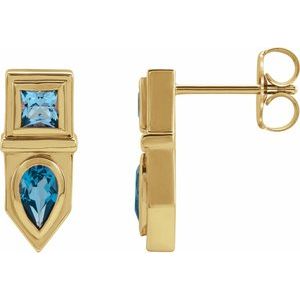 14K Yellow Gold Natural Blue Multi-Gemstone Geometric Bar Earrings