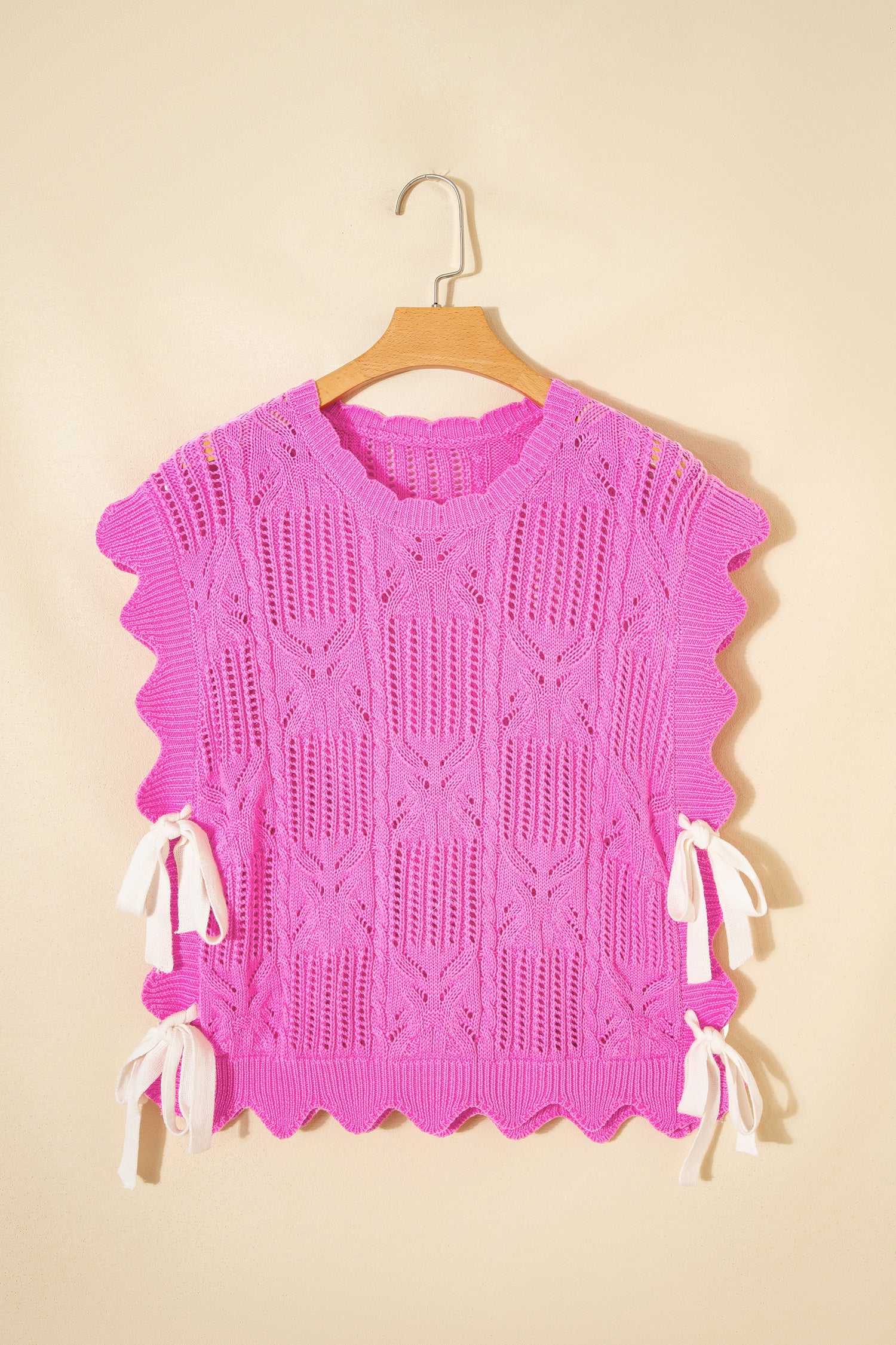 Pointelle Knit Scallop Trim Short Sleeve Sweater