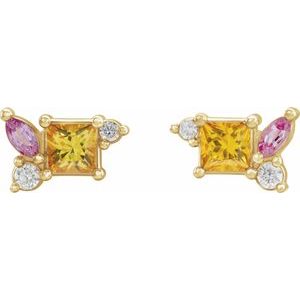 14K Yellow Gold Natural Yellow Sapphire, Natural Pink Sapphire, & 1/8 CTW Natural Diamond Earrings