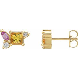 14K Yellow Gold Natural Yellow Sapphire, Natural Pink Sapphire, & 1/8 CTW Natural Diamond Earrings