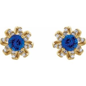 14K Yellow Gold Lab-Grown Blue Sapphire & 1/6 CTW Natural Diamond Halo-Style Earrings – image 2