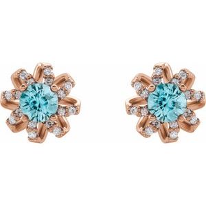 14K Rose Gold Natural Blue Zircon & 1/6 CTW Natural Diamond Halo-Style Earrings