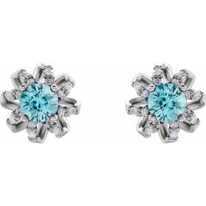 Sterling Silver Natural Blue Zircon & 1/6 CTW Natural Diamond Halo-Style Earrings – image 2