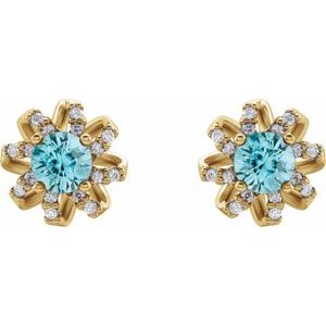 14K Yellow Gold Natural Blue Zircon & 1/6 CTW Natural Diamond Halo-Style Earrings – image 2