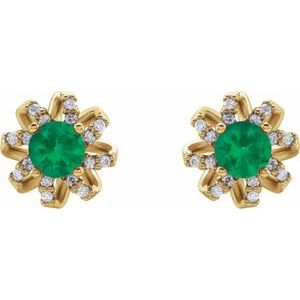 14K Yellow Gold Lab-Grown Emerald & 1/6 CTW Natural Diamond Halo-Style Earrings – image 2