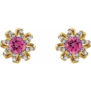 14K Yellow Gold Natural Pink Tourmaline & 1/6 CTW Natural Diamond Halo-Style Earrings