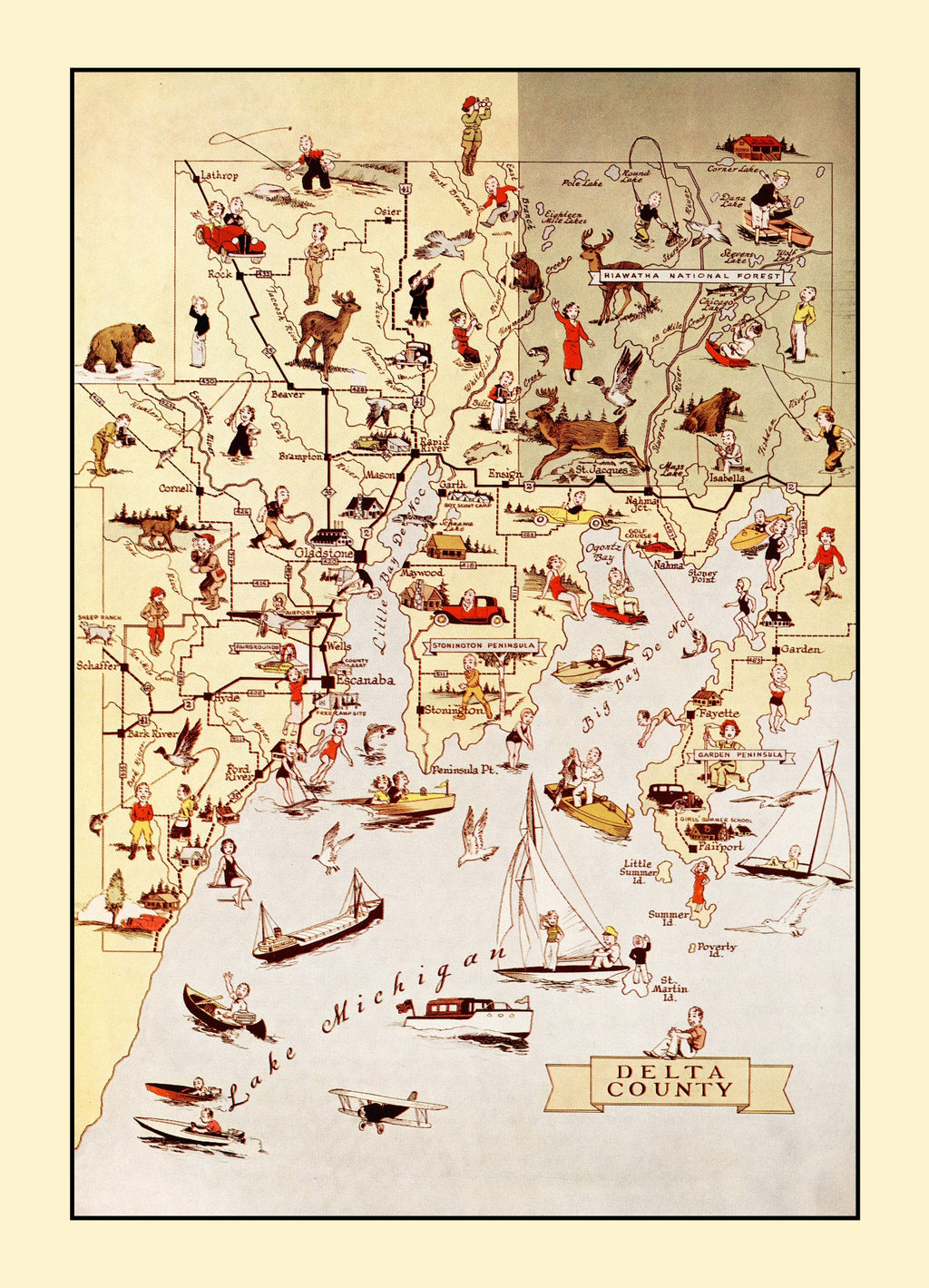 Vintage Map of Delta County, Michigan 1936