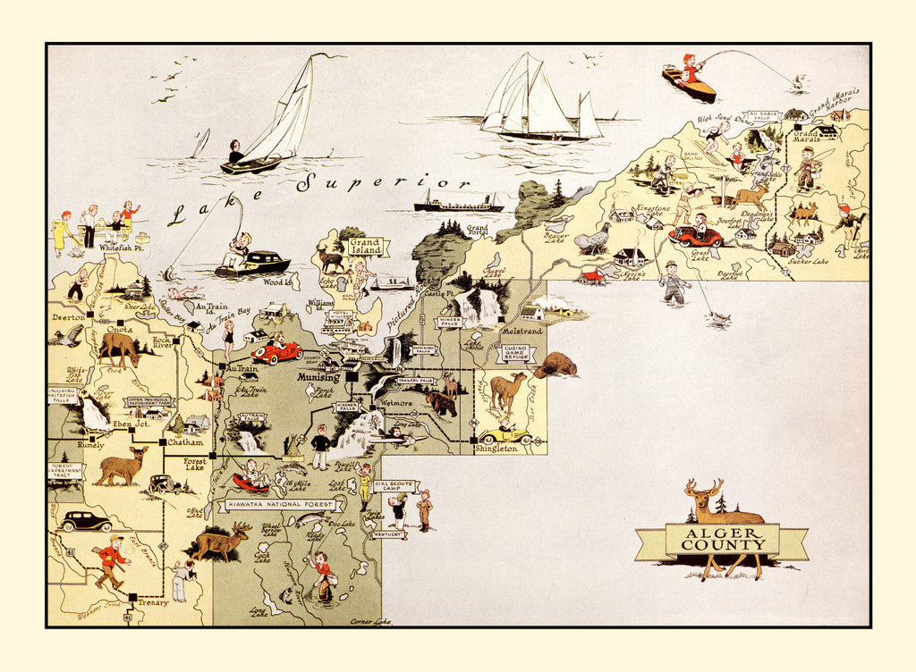 Vintage Map of Alger County, Michigan 1936