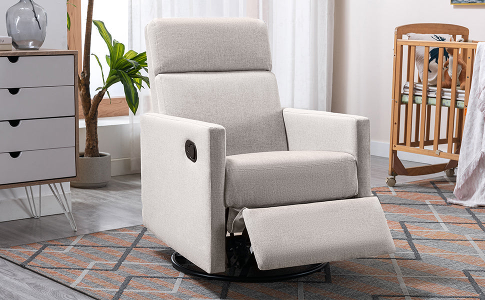 Modern Upholstered Rocker Nursery Chair with Plush Seating, Tan Linen, Swivel Recliner